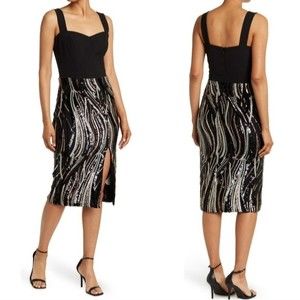 Dress the Population Sequin Sweetheart Neckline Midi Dress Sheath Black Small
